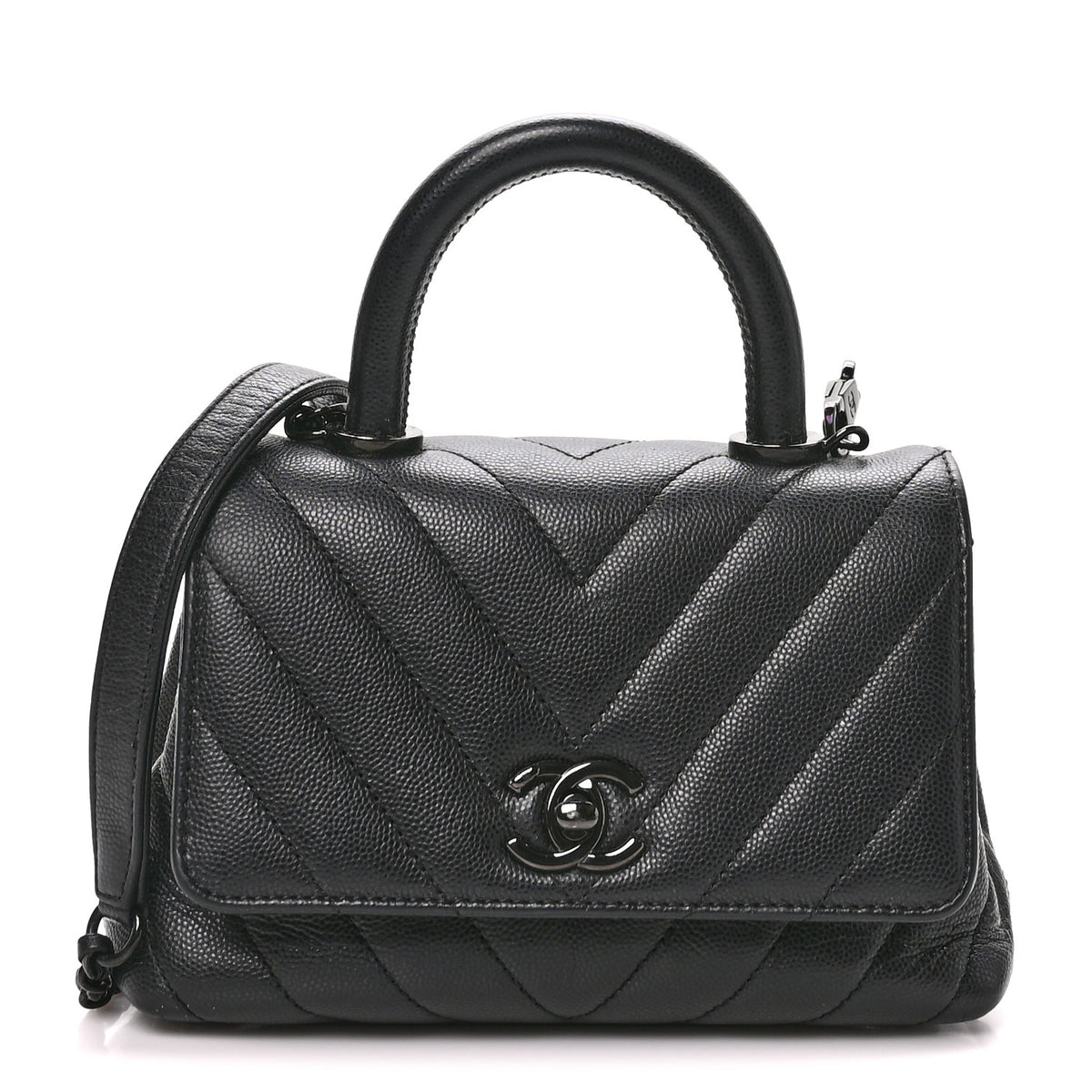 Caviar Chevron Quilted Extra Mini Coco Handle Flap So Black