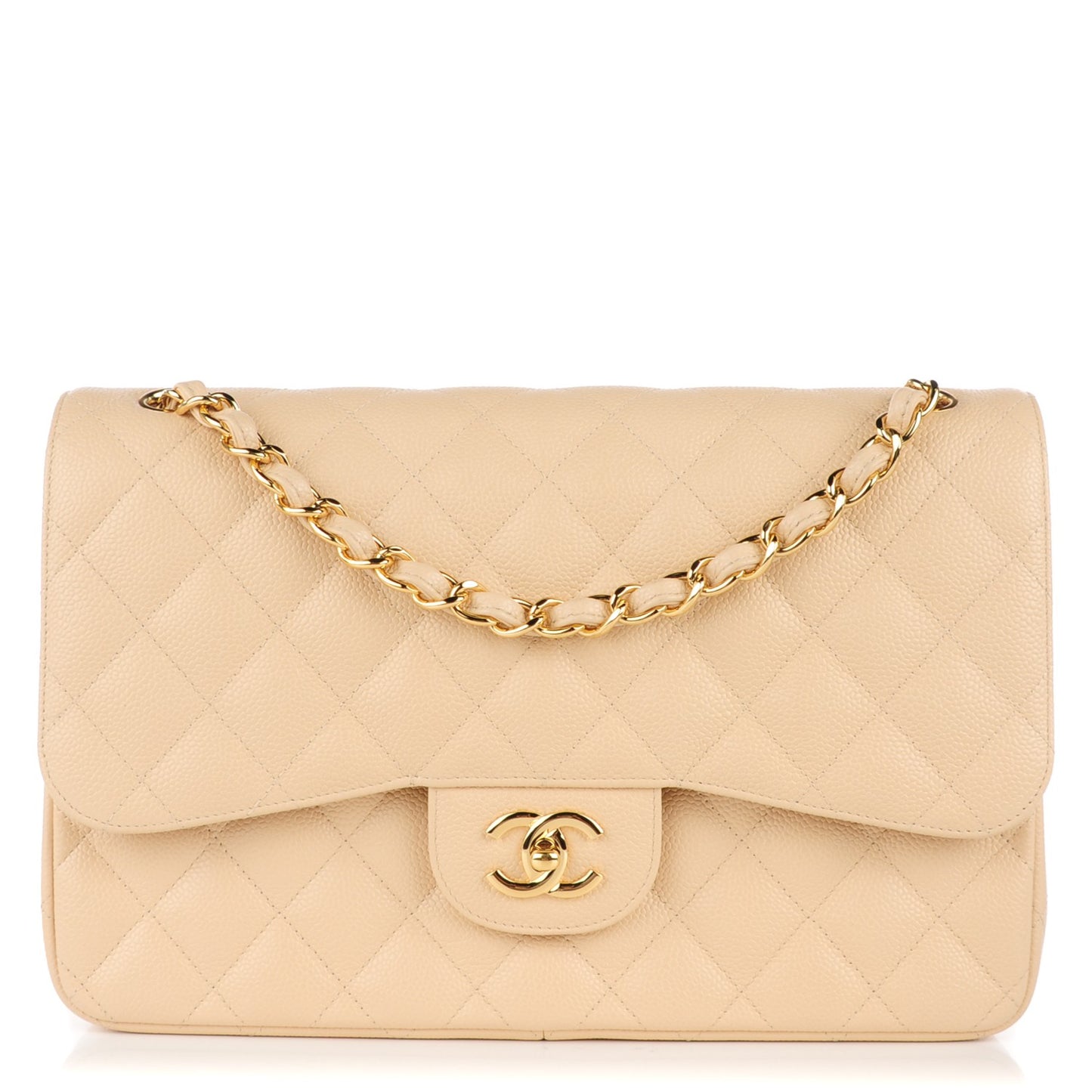 Caviar Quilted Jumbo Double Flap Beige Clair
