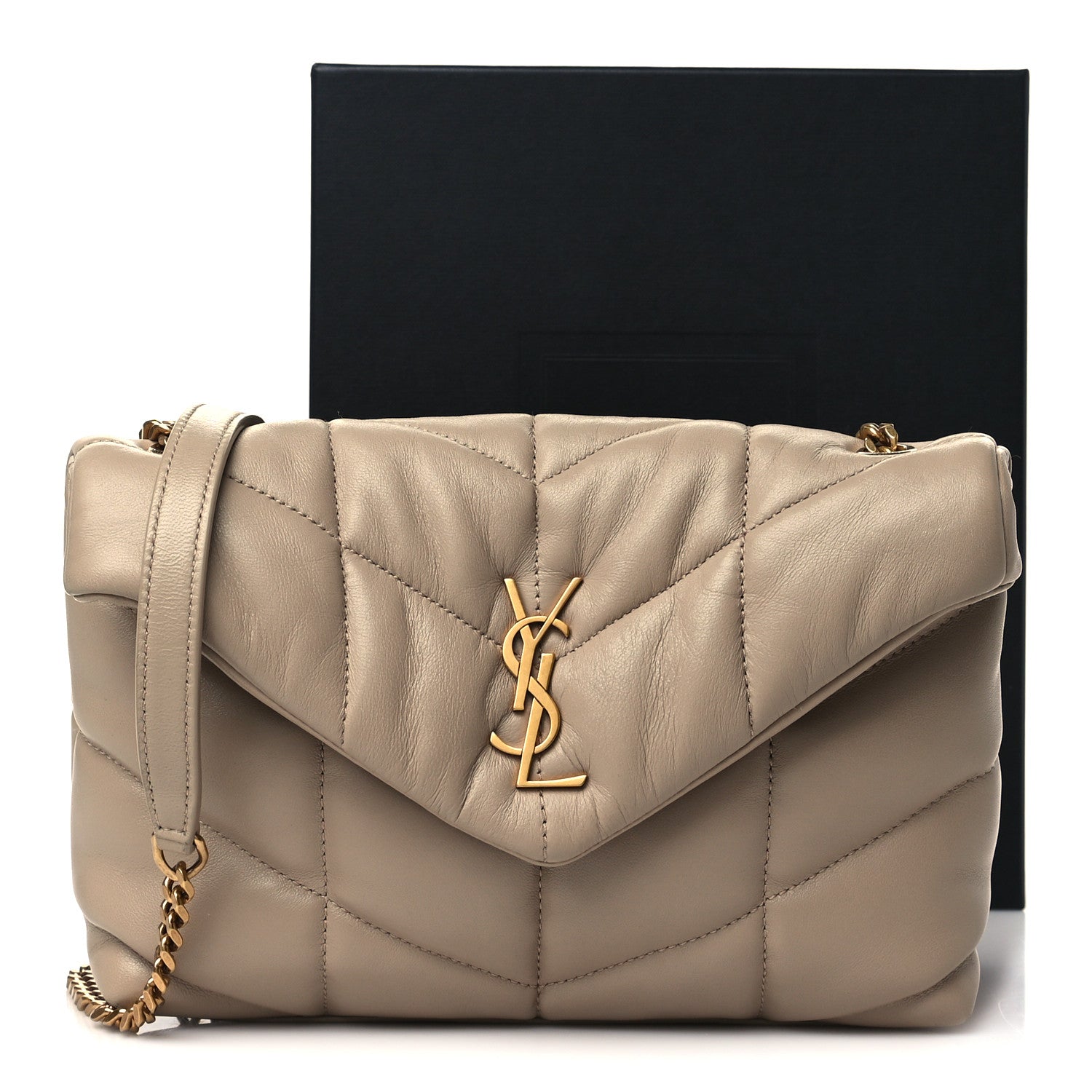 Saint Laurent Lambskin Quilted Toy Loulou Puffer Monogram Chain Satchel Dark Beige 10 of 10