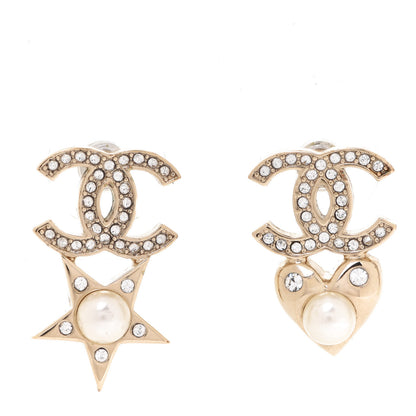Chanel Crystal Pearl Charming Winter CC Star Heart Earrings Gold 1 of 4