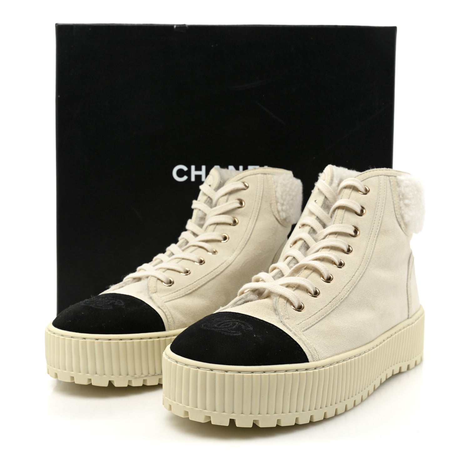 Kid Suede Shearling Sheepskin Lace Up Boots 39.5 Ivory White Black