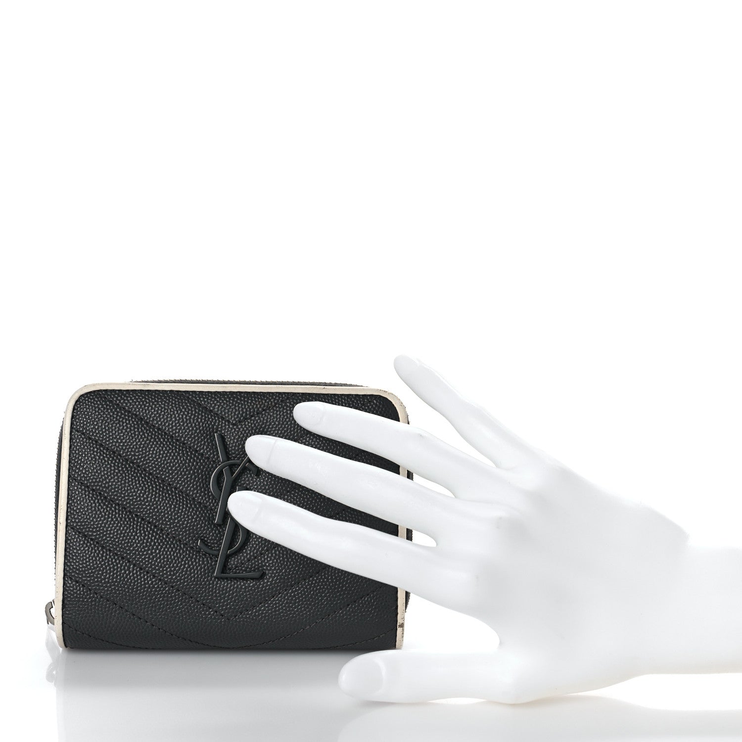 Saint Laurent Grain De Poudre Matelasse Chevron Monogram Compact Zip Around Wallet Asphalt White 2 of 10