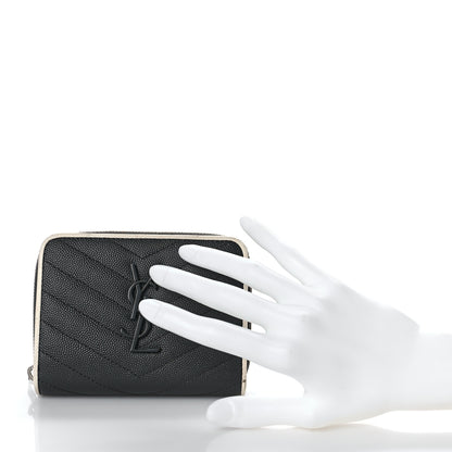 Saint Laurent Grain De Poudre Matelasse Chevron Monogram Compact Zip Around Wallet Asphalt White 2 of 10