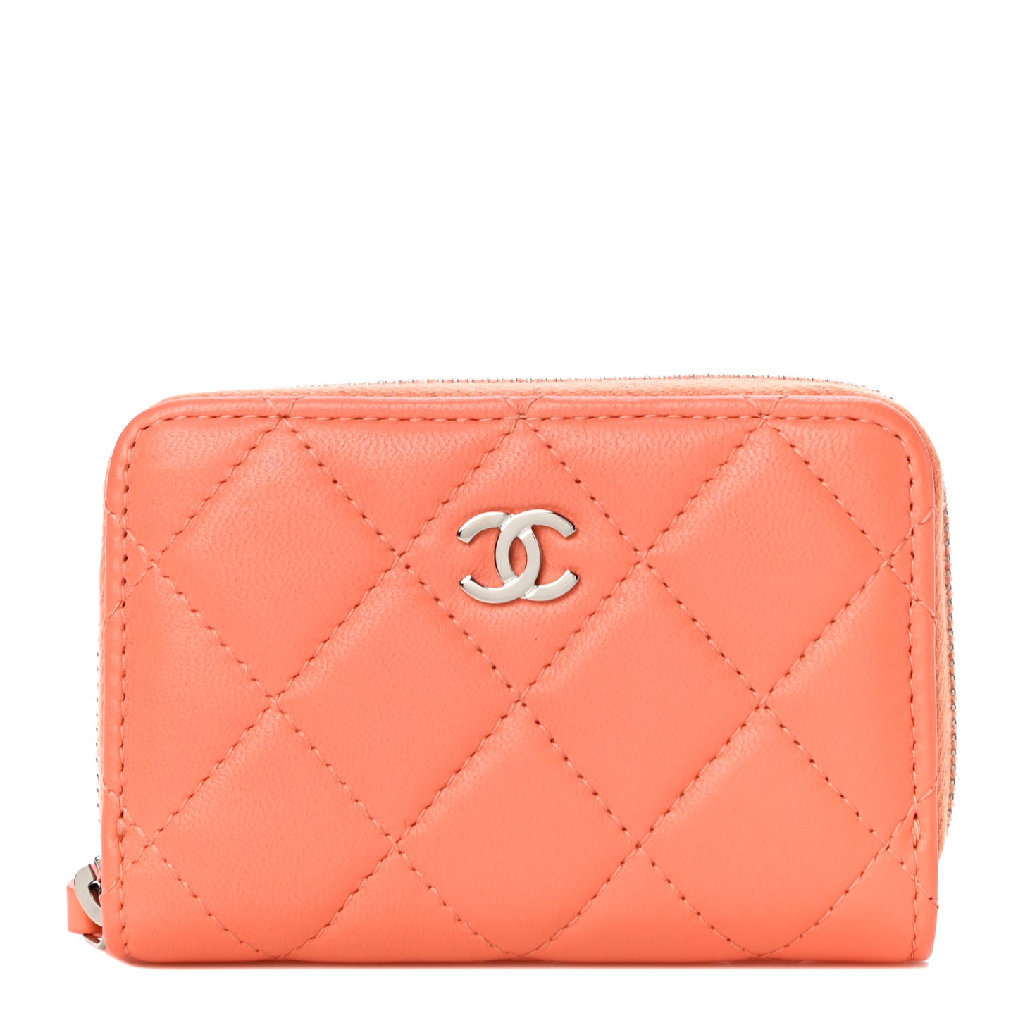 Lambskin Quilted Zip Around Coin Purse Wallet Coral