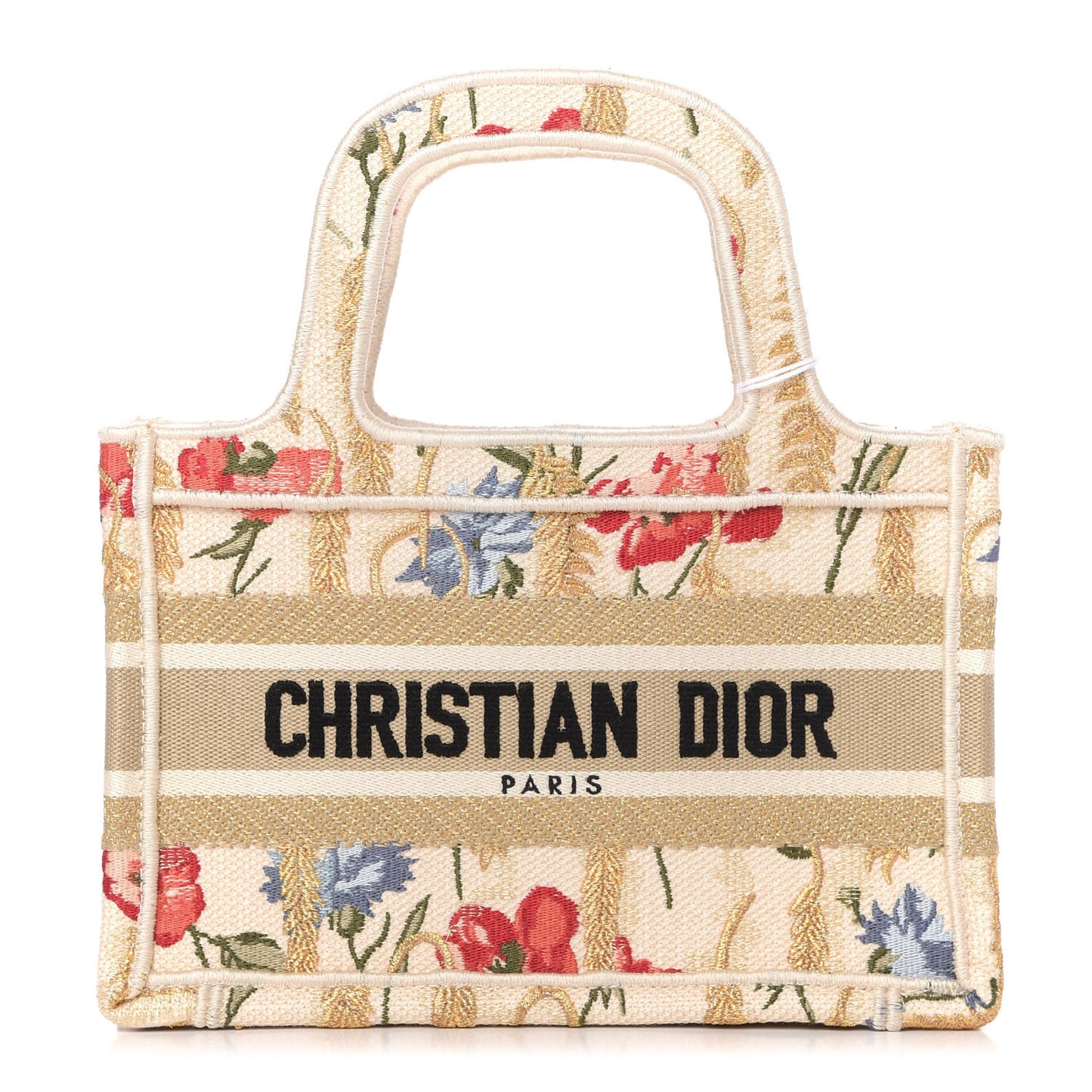 Canvas Embroidered Hibiscus Printed Mini Book Tote Beige Multicolor