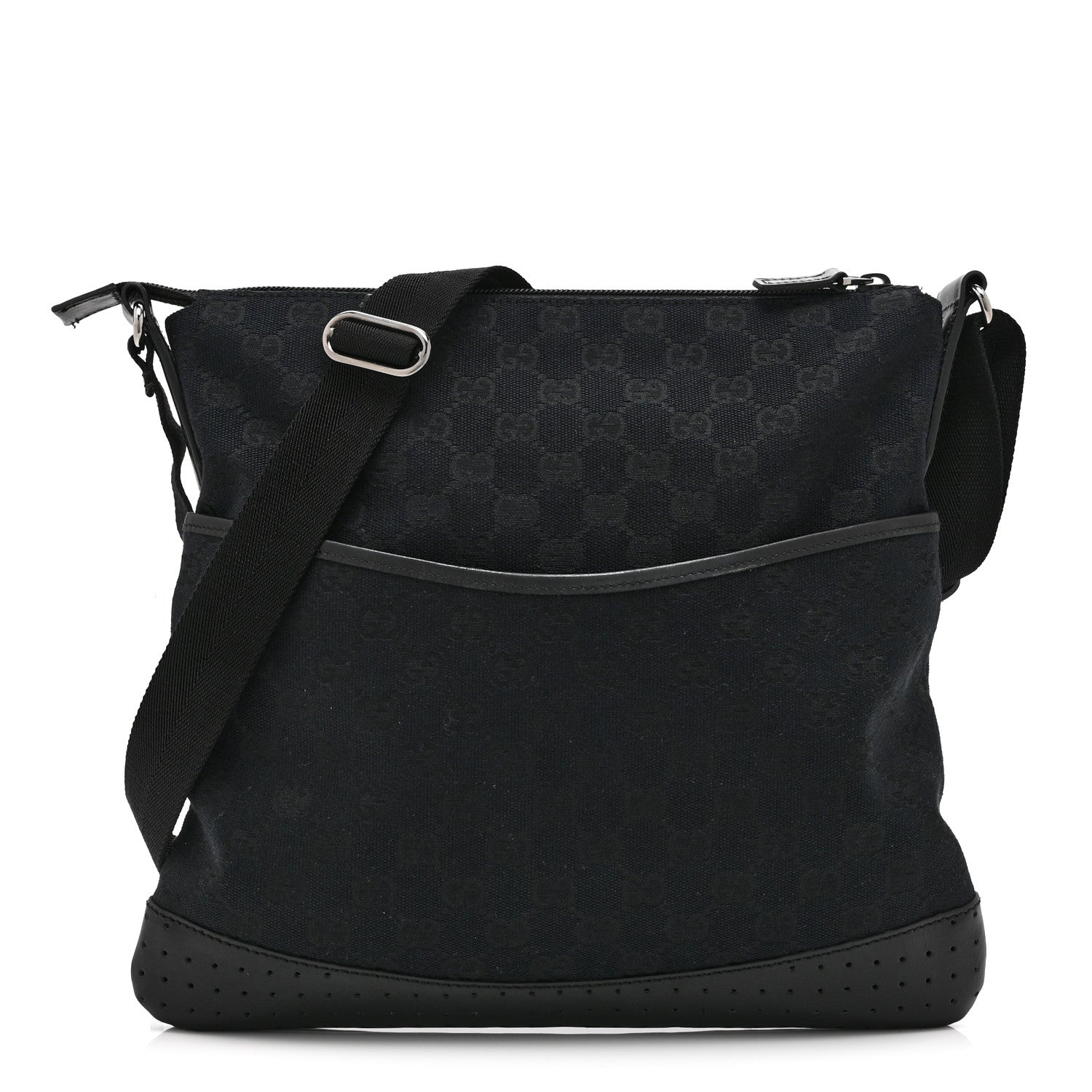 Gucci Monogram Calfskin Perforated Medium Flat Messenger Bag Black 1 of 11