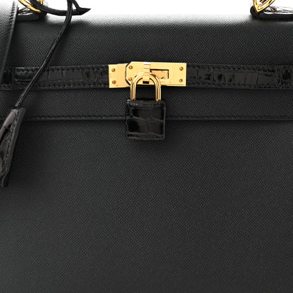 Hermes Madame Calfskin Shiny Niloticus Crocodile Kelly Sellier Touch 25 Black 8 of 11