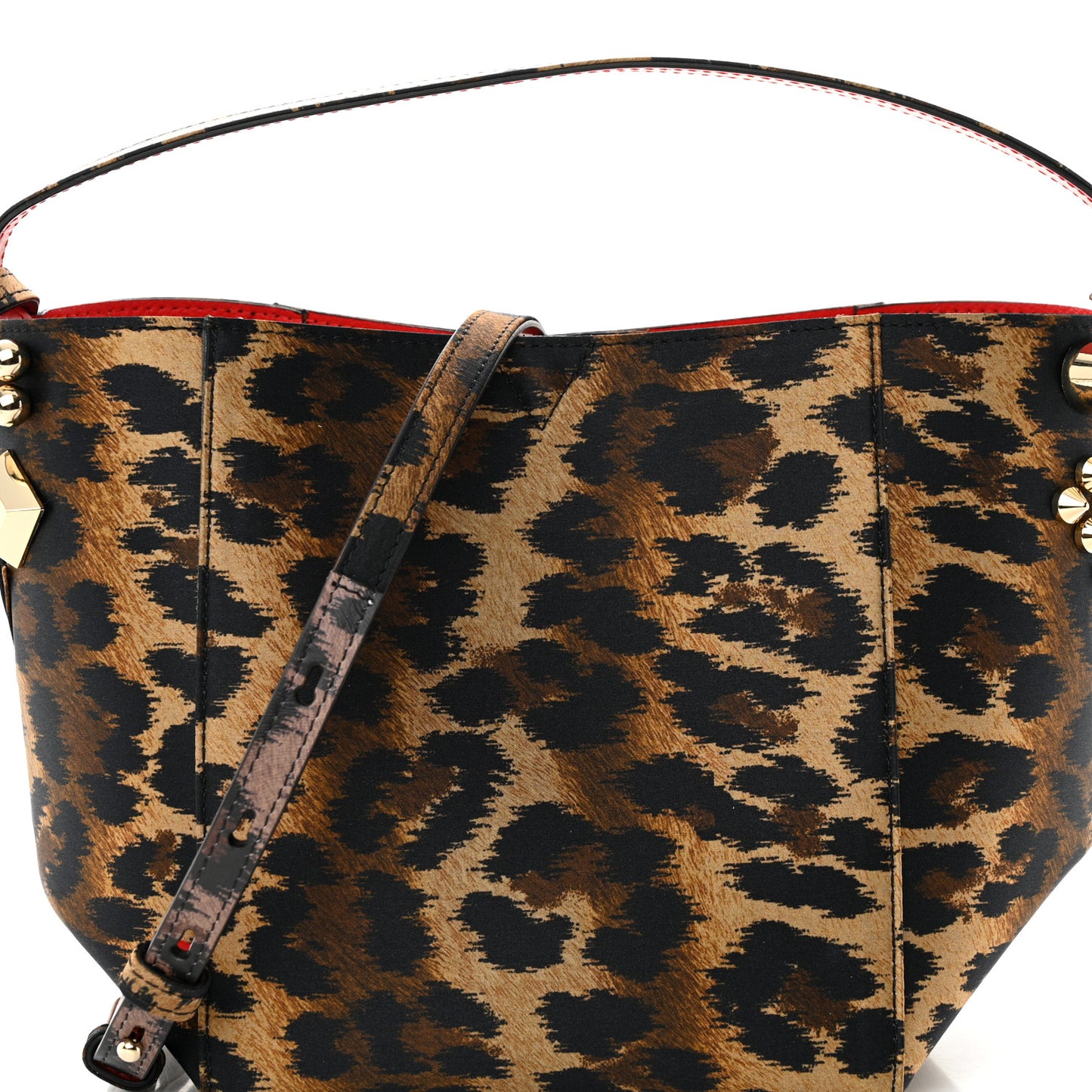 Crepe Satin Leopard Print Empire Spike Studded Mini Cabachic Bucket Bag Brown