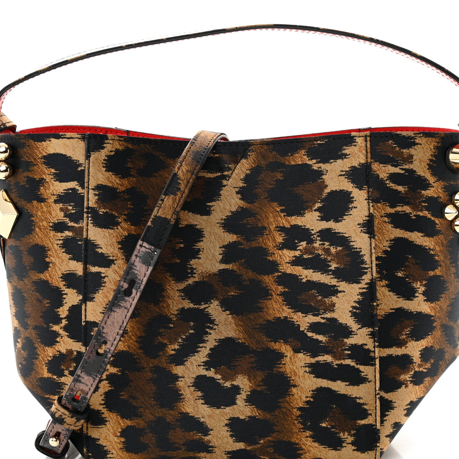 Christian Louboutin Crepe Satin Leopard Print Empire Spike Studded Mini Cabachic Bucket Bag Brown 8 of 10