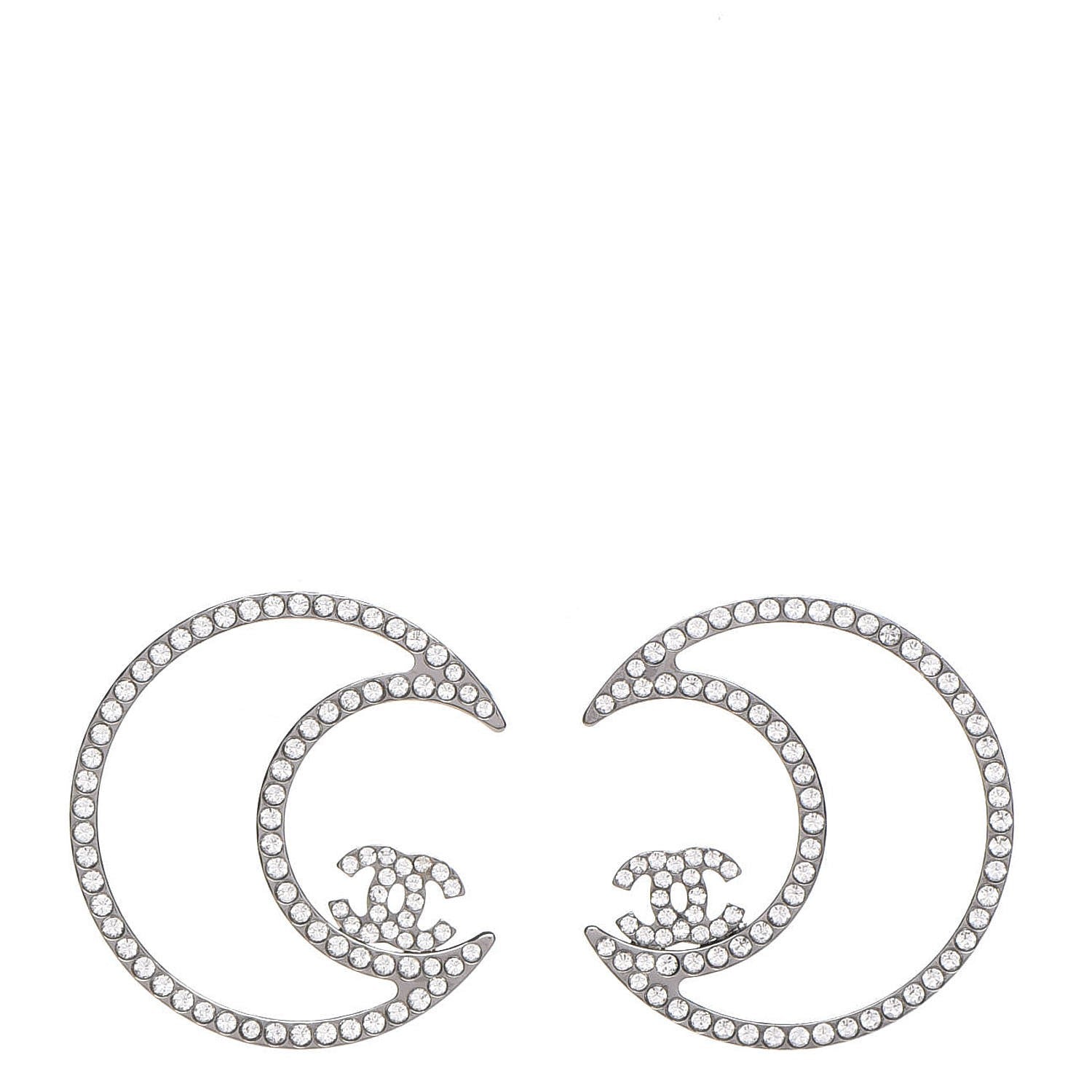 Chanel Strass Crystal CC Moon Earrings Silver 1 of 5