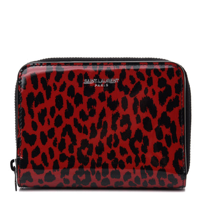 Saint Laurent Patent Leopard Print Compact Zip Around Wallet Black Red 1 of 7