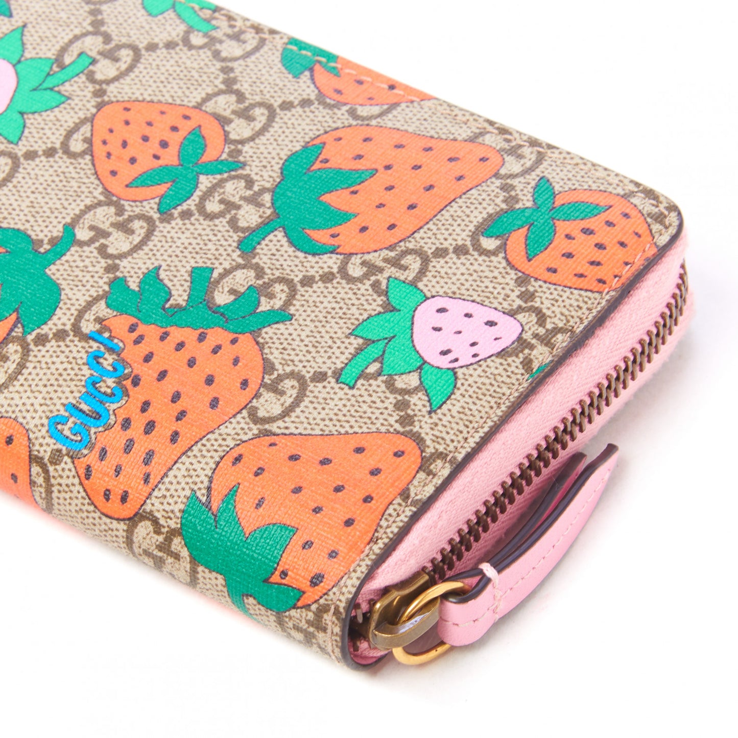 GG Supreme Monogram Strawberry Zip Around Wallet Light Pink