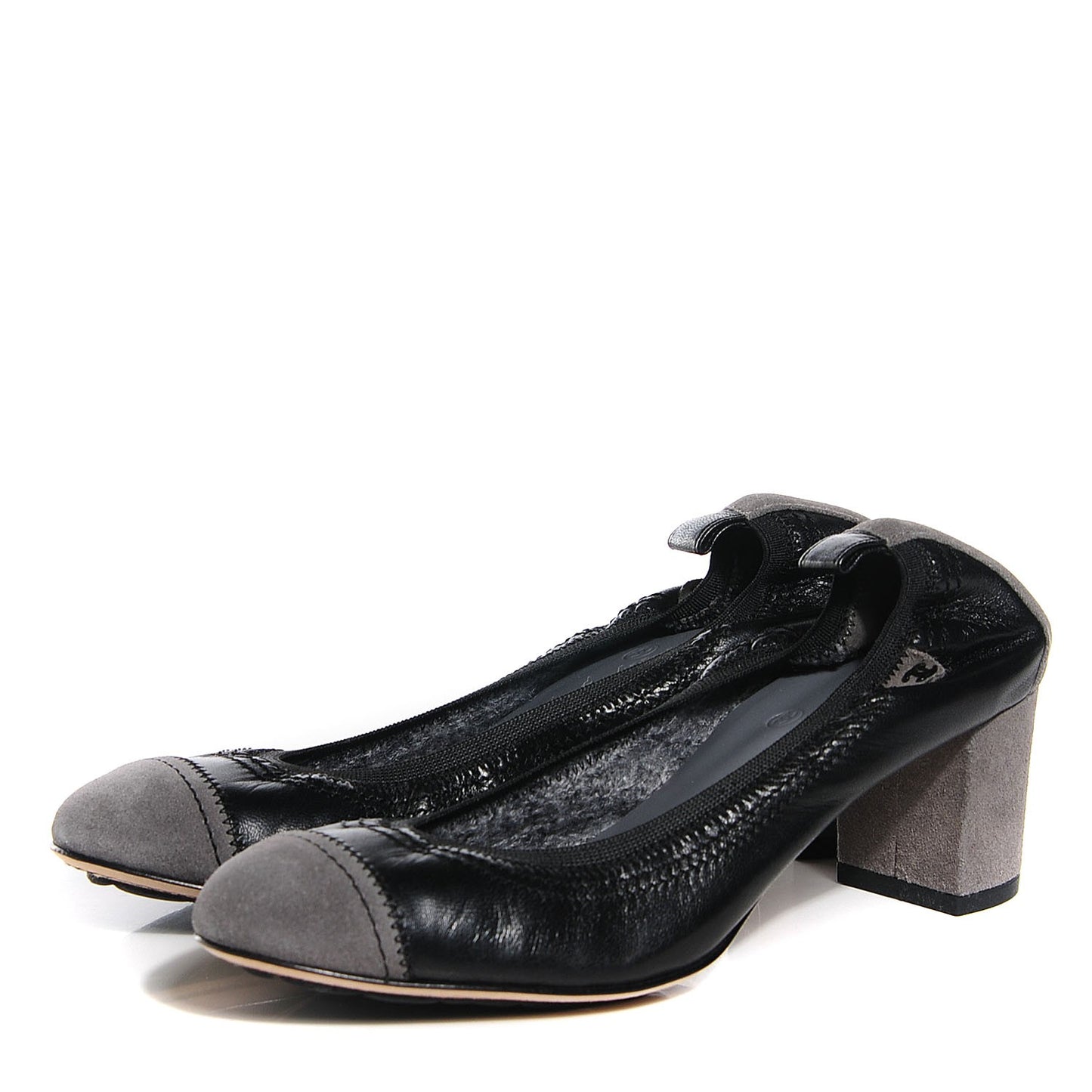 Lambskin Suede CC Elastic Cap Toe Ballerina Pumps 38 Black Grey