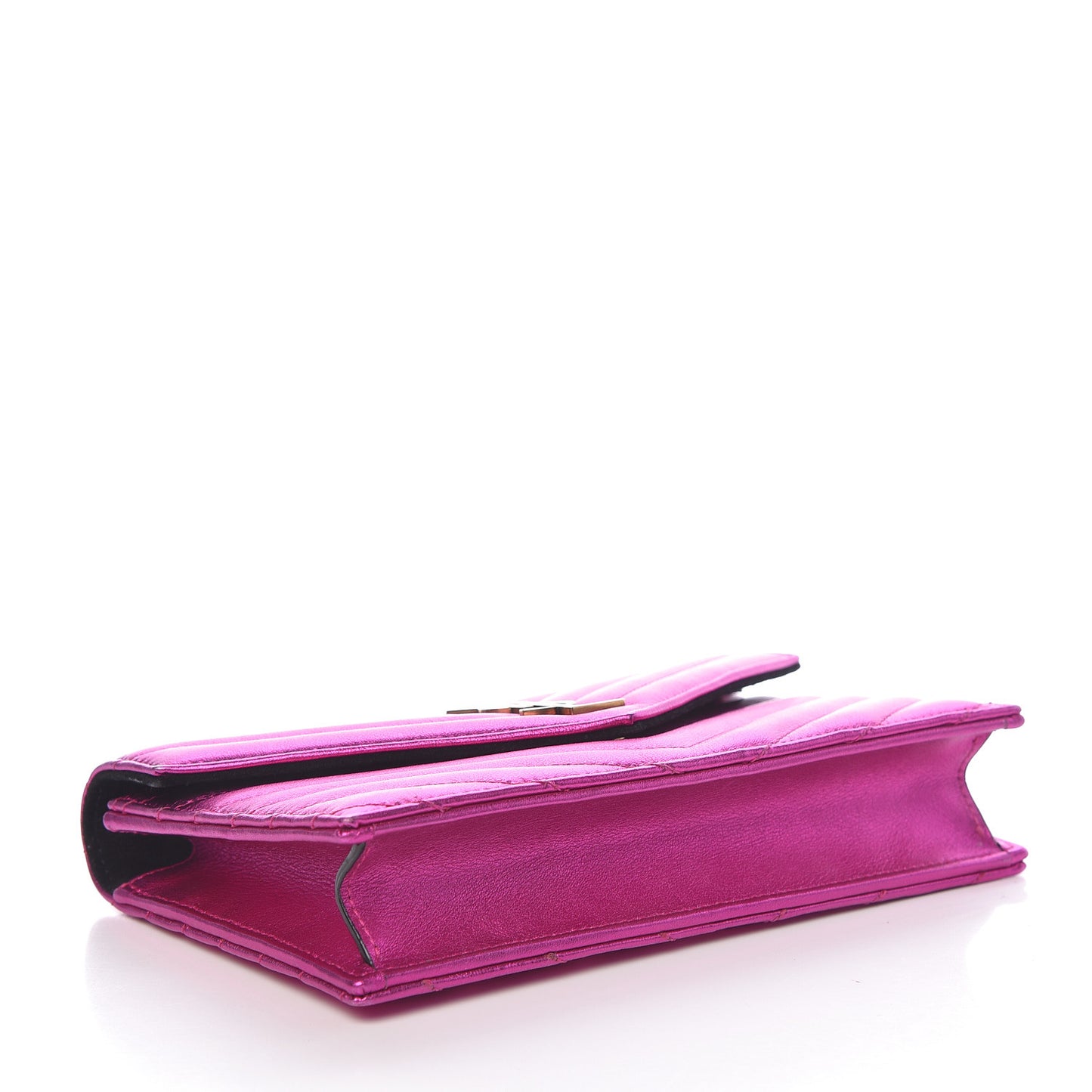 Metallic Calfskin Matelasse Chevron Monogram Envelope Chain Wallet Fuchsia