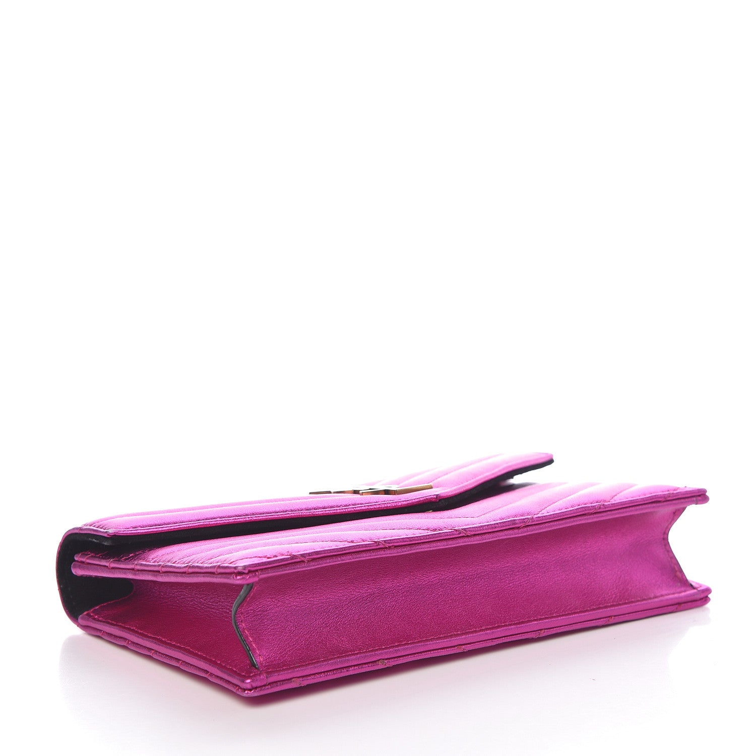 Saint Laurent Metallic Calfskin Matelasse Chevron Monogram Envelope Chain Wallet Fuchsia 4 of 10