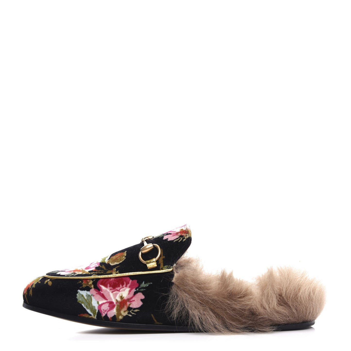 Velvet Fur Floral Womens Princetown Slippers 36 Black