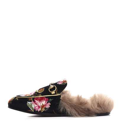 Gucci Velvet Fur Floral Womens Princetown Slippers 36 Black 1 of 10