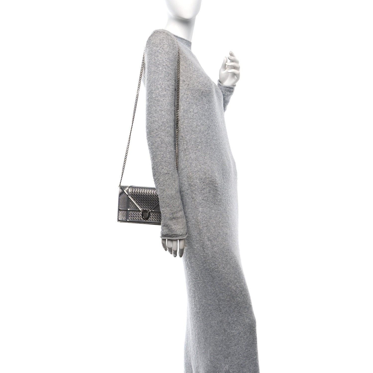 Christian Dior Metallic Patent Micro-Cannage Diorama Wallet on Chain Pouch Silver 2 of 10