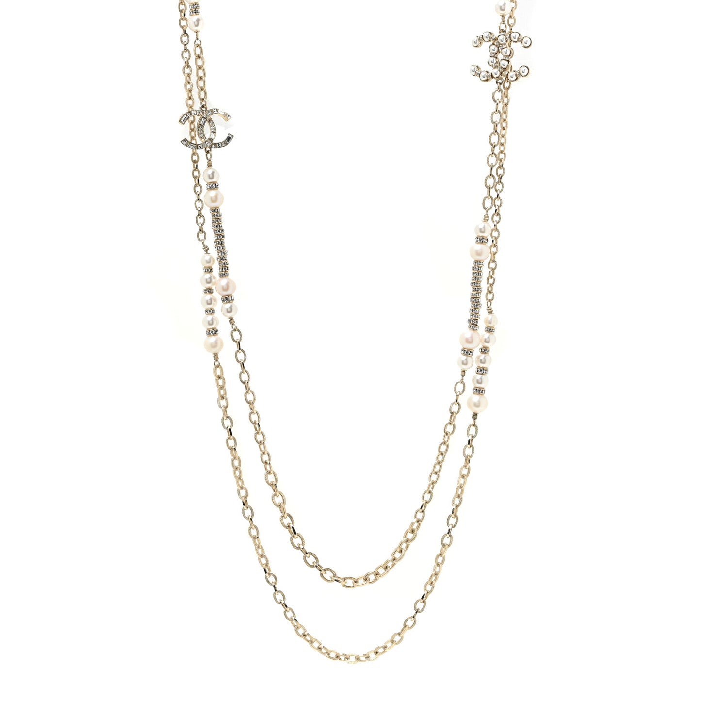 Crystal Pearl CC Long Multistrand Necklace Gold