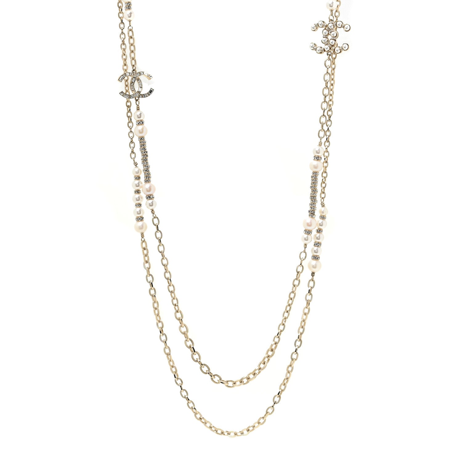Chanel Crystal Pearl CC Long Multistrand Necklace Gold 1 of 4
