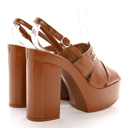 Chanel Crumpled Patent Lambskin Platform Sandals 38 Light Brown 4 of 11