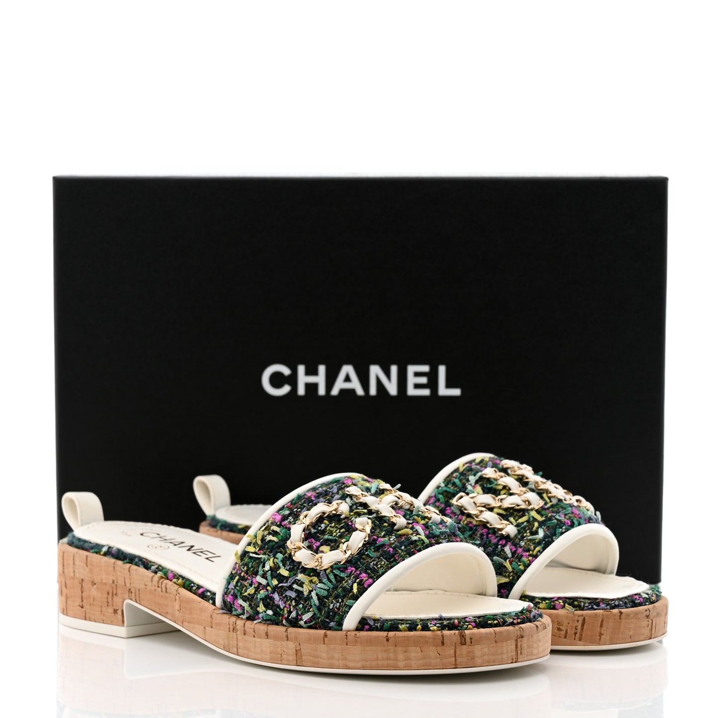 Tweed Cork CC Chain Mule Sandal 37.5 Multicolor