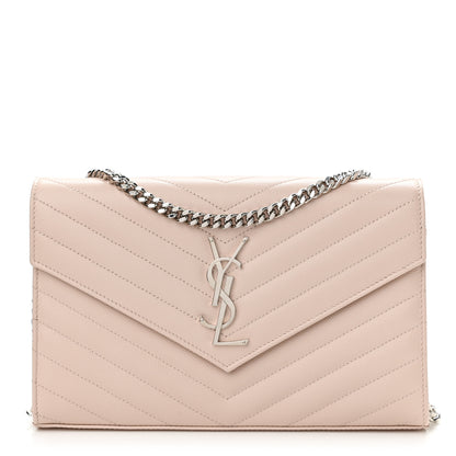 Saint Laurent Grain De Poudre Matelasse Chevron Monogram Chain Wallet Pale Pink 1 of 9