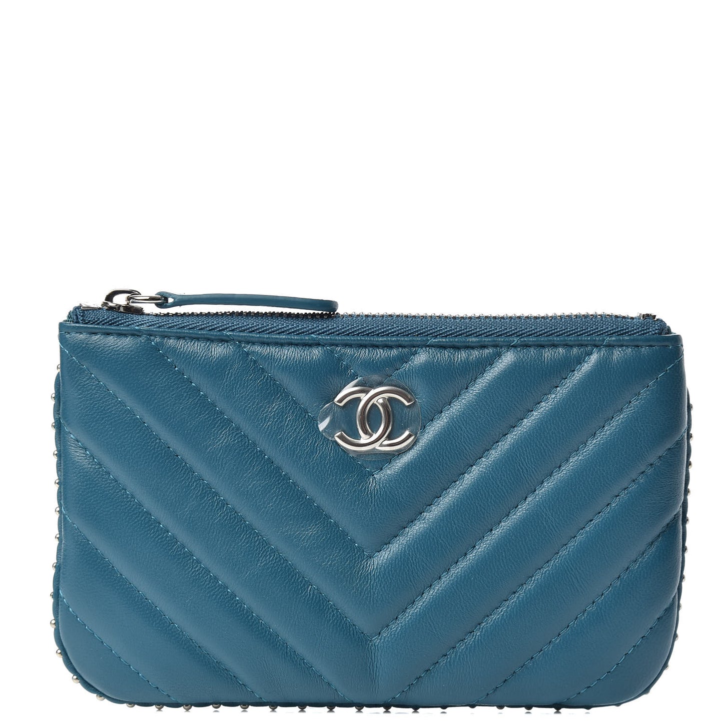 Lambskin Chevron Quilted Studded Small Cosmetic Case Blue