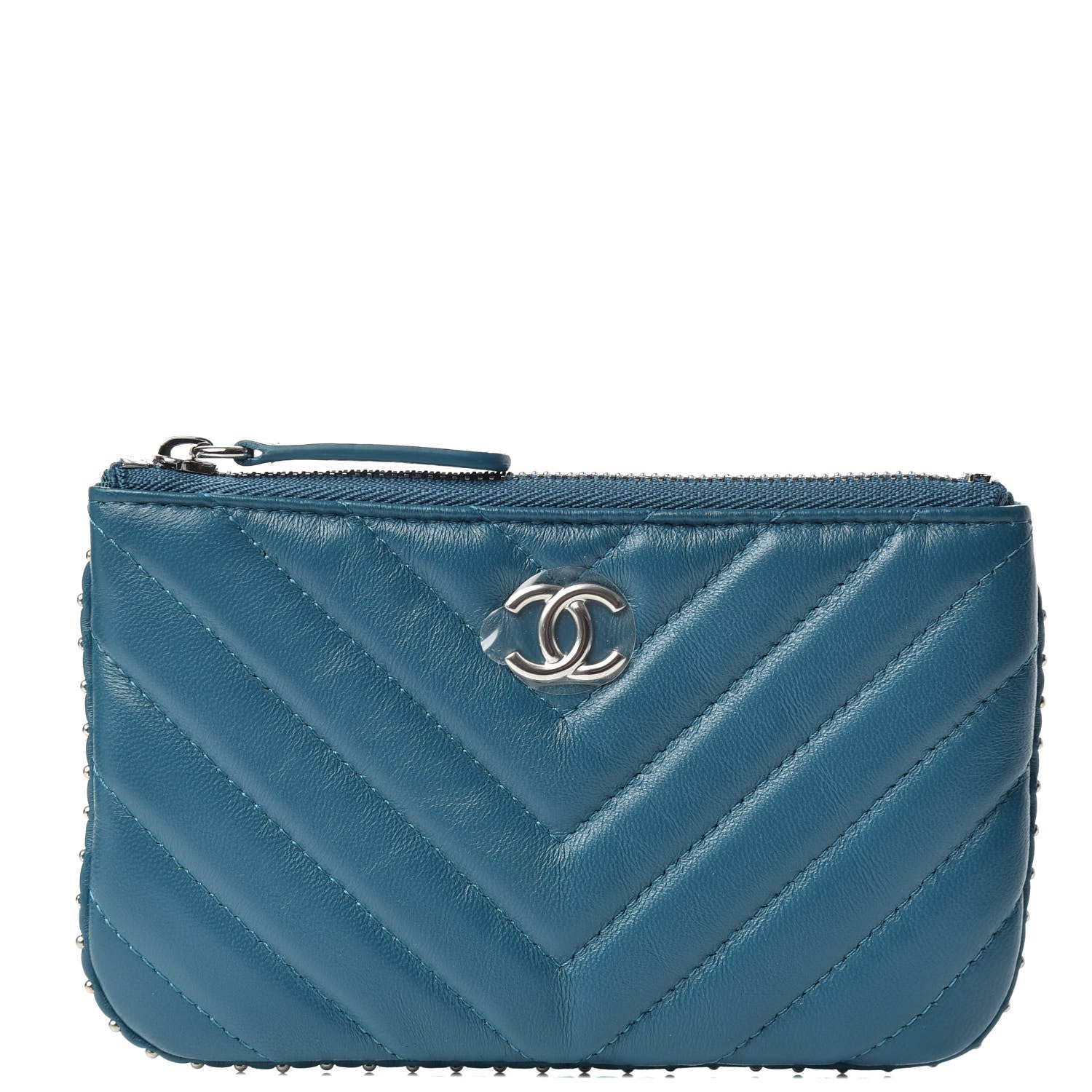Chanel Lambskin Chevron Quilted Studded Small Cosmetic Case Blue 1 of 8