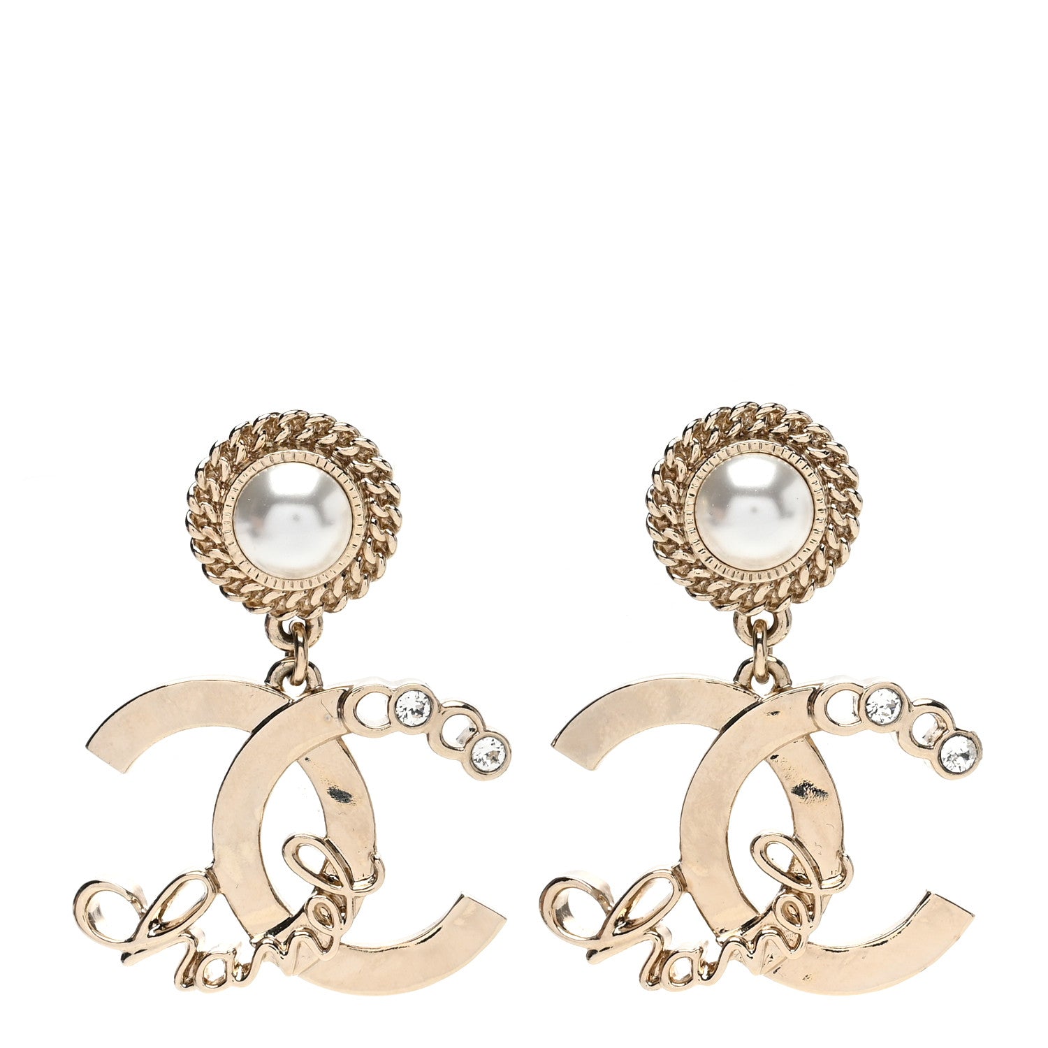 Chanel Metal Pearl Crystal Coco Script CC Drop Earrings Gold 1197972 ...