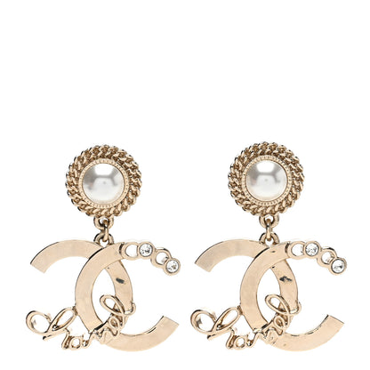 Chanel Metal Pearl Crystal Coco Script CC Drop Earrings Gold 1 of 4