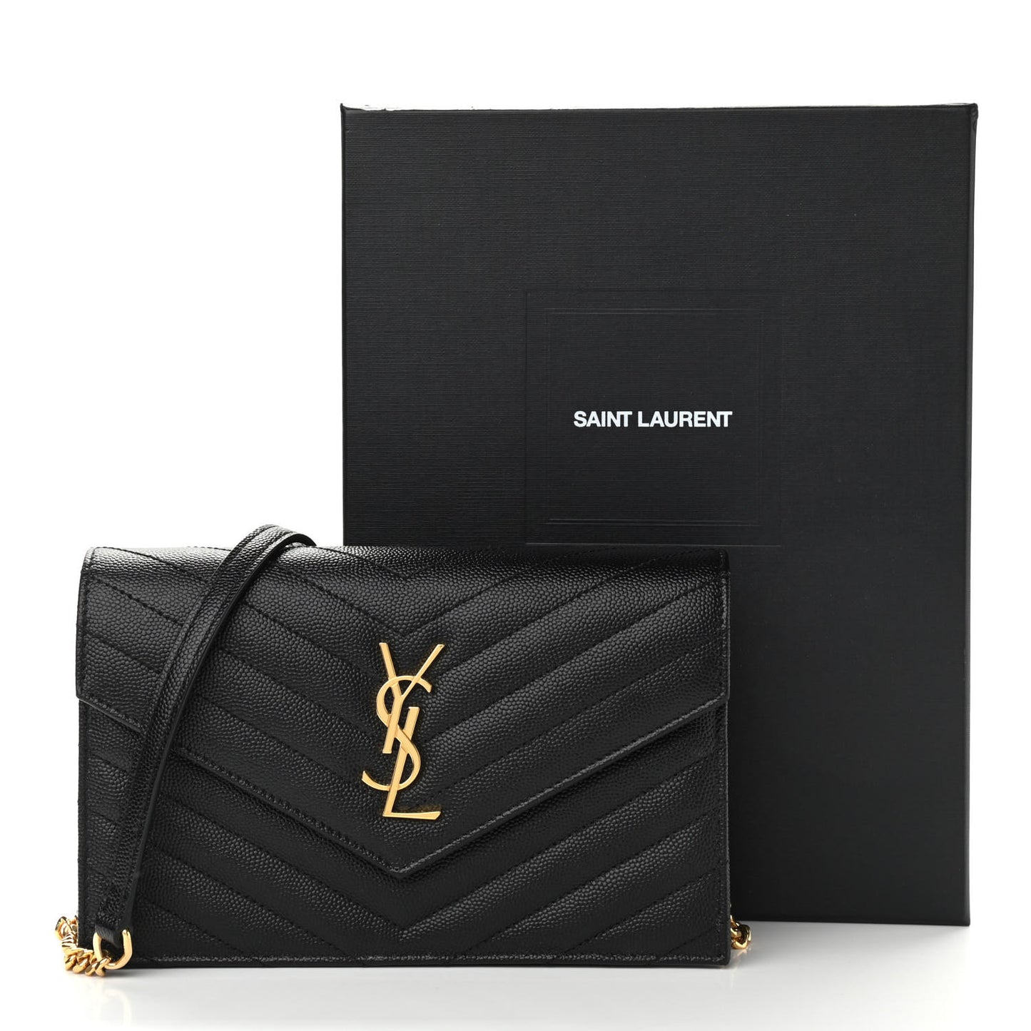 Grain De Poudre Matelasse Chevron Monogram Envelope Chain Wallet Black