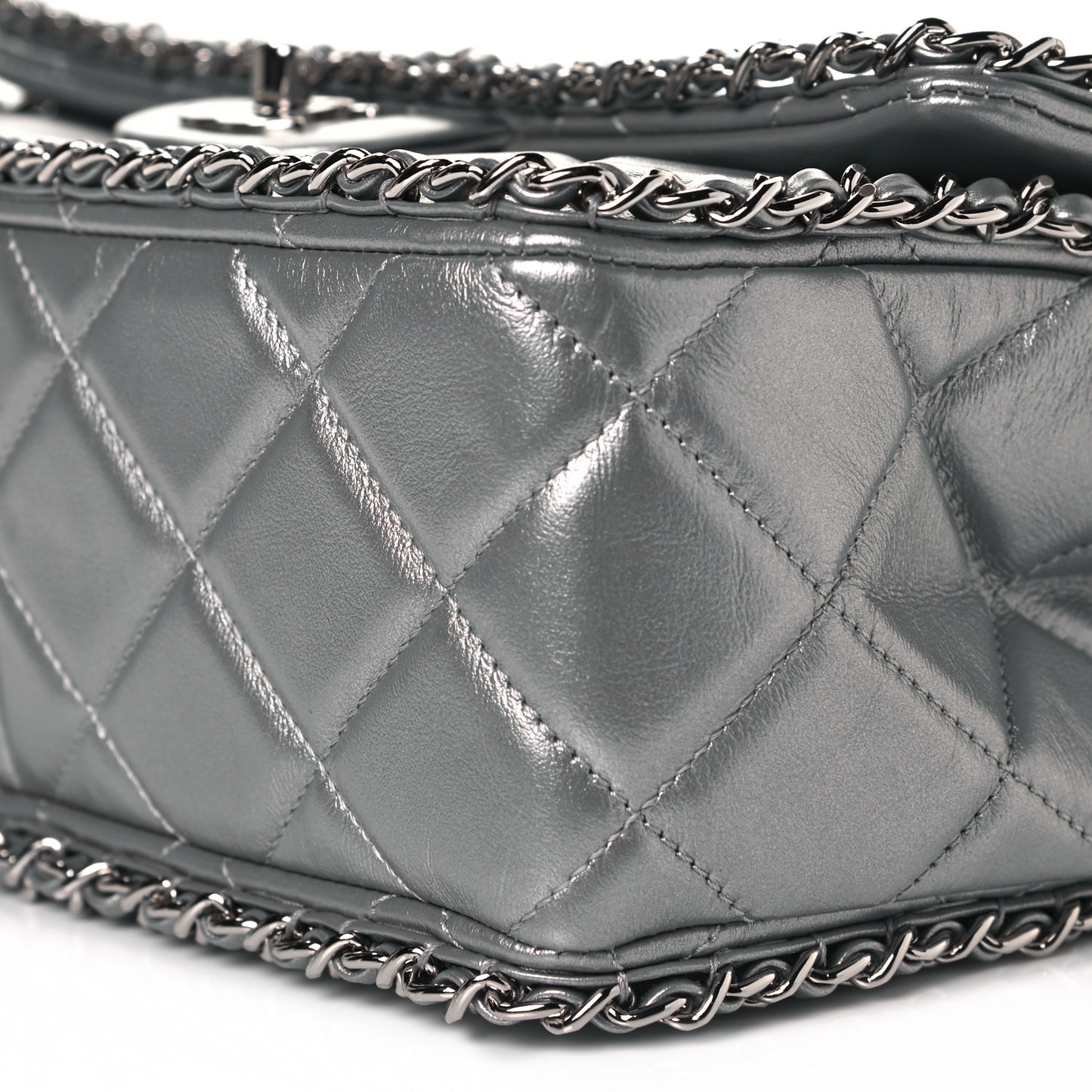 Metallic Lambskin Medium Chain All Over Flap Silver