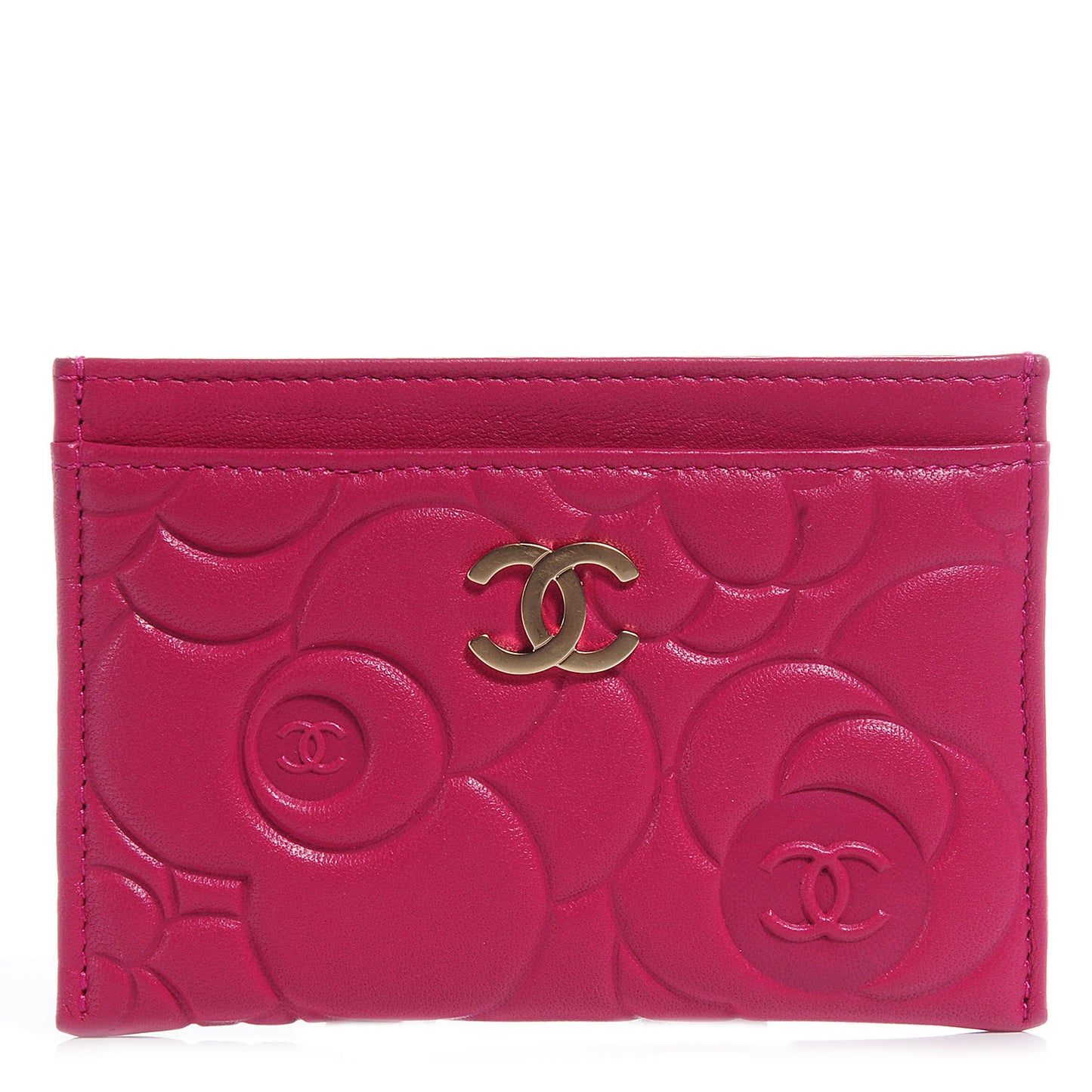 Lambskin Camellia Card Holder Fuchsia