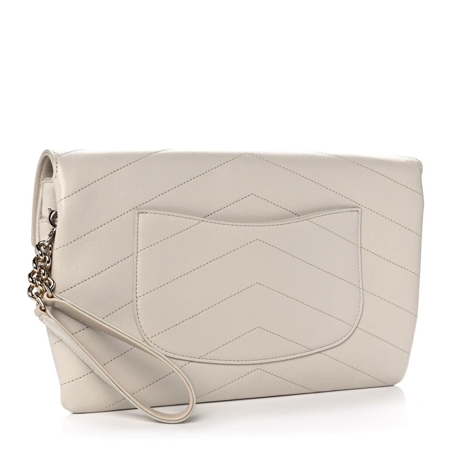 Chanel Sheepskin Chevron Quilted Double Chevron Wristlet Clutch White 4 of 12
