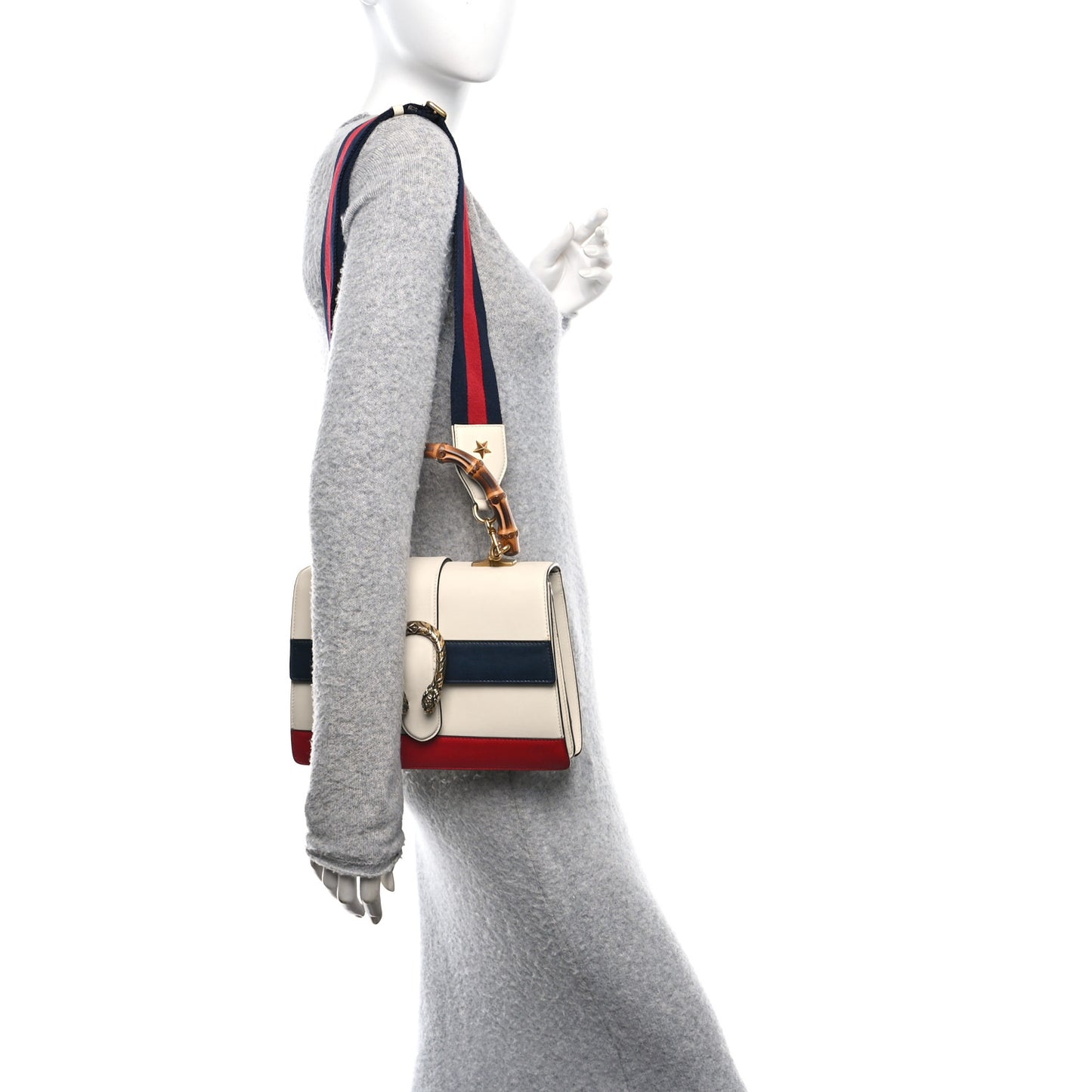 Calfskin Bamboo Web Medium Dionysus Top Handle Bag White Blue Hibiscus Red