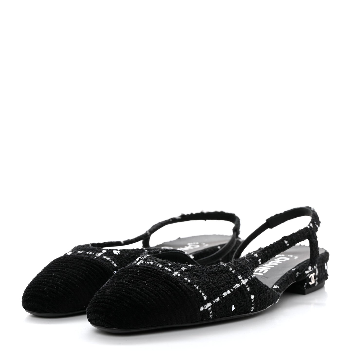 Tweed Sequins Corduroy Cap Toe CC Slingback Flats 37 Black White