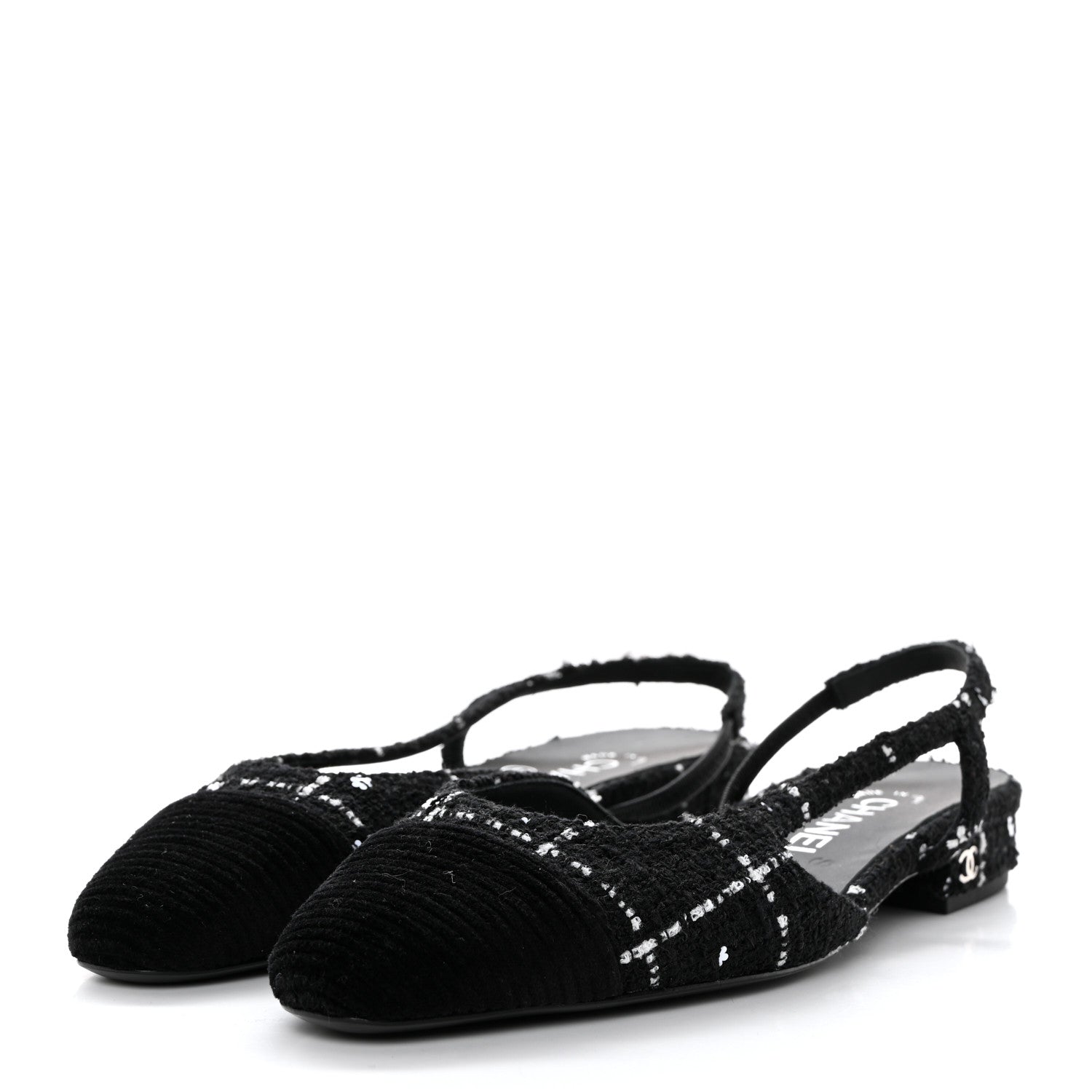 Chanel Tweed Sequins Corduroy Cap Toe CC Slingback Flats 37 Black White 3 of 10