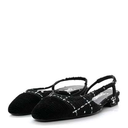 Chanel Tweed Sequins Corduroy Cap Toe CC Slingback Flats 37 Black White 3 of 10