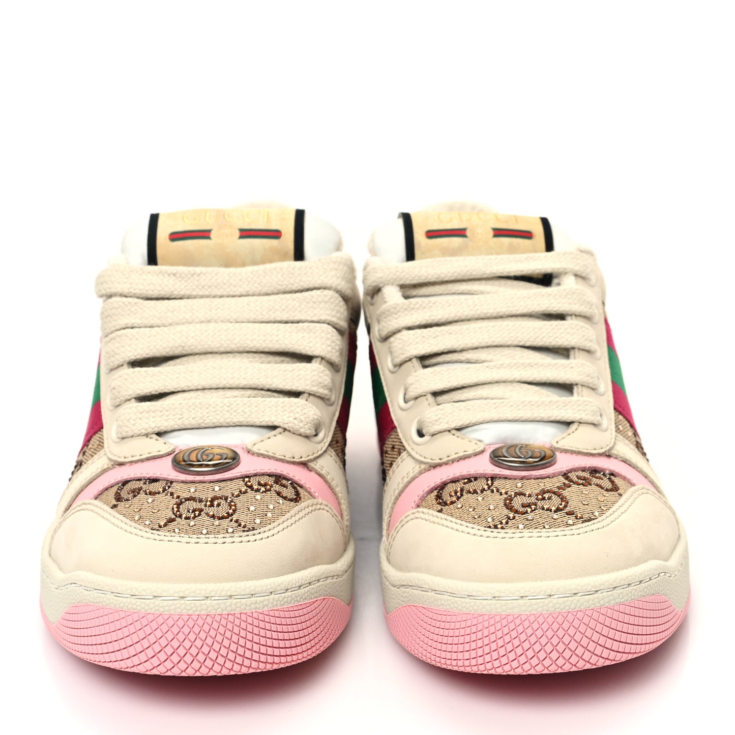 Calfskin GG Supreme Crystals Web Screener Sneakers 35.5 Beige Ebony Wild Rose
