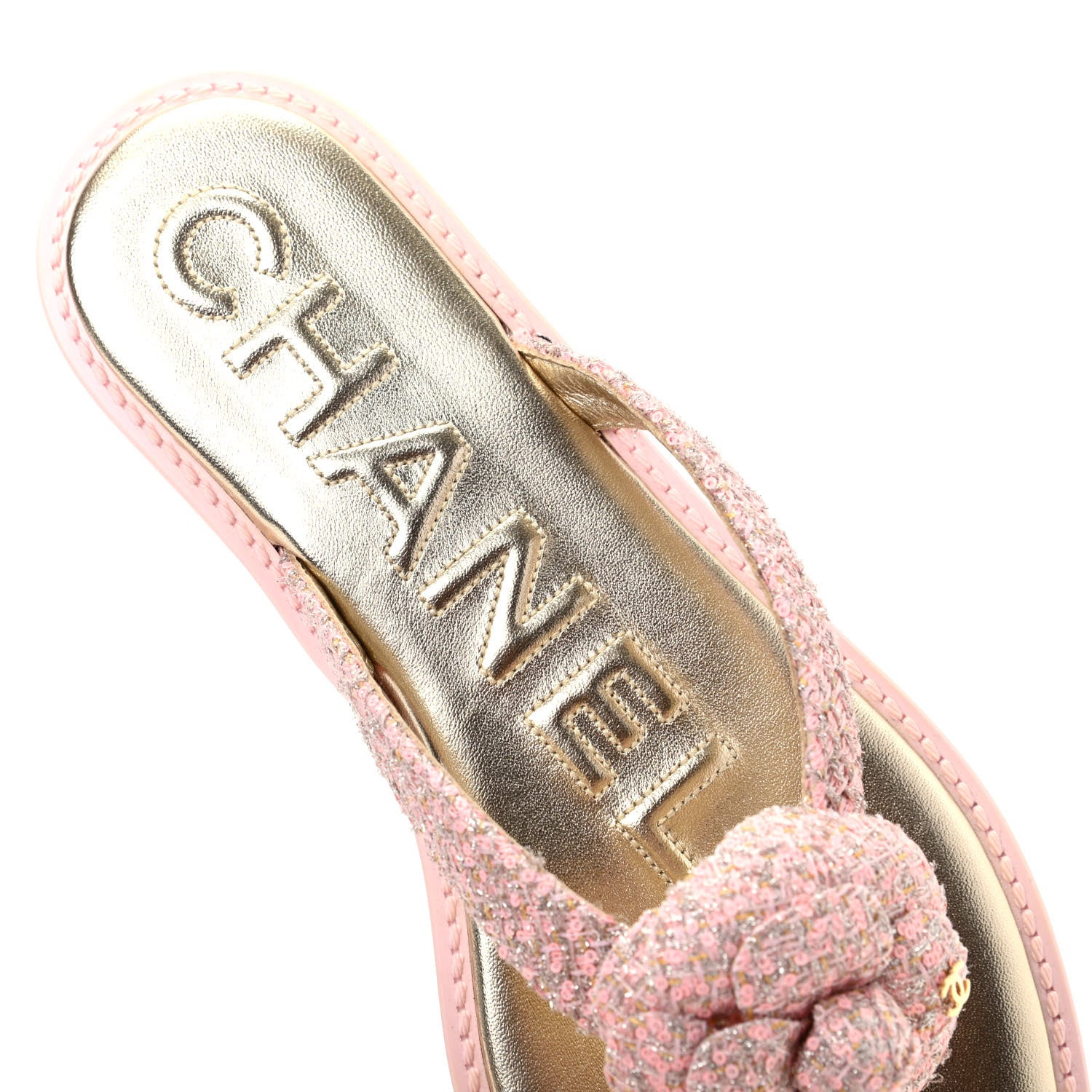 Chanel Tweed Quilted Camellia Thong Sandals 38 Salmon Apricot Gold 8 of 11