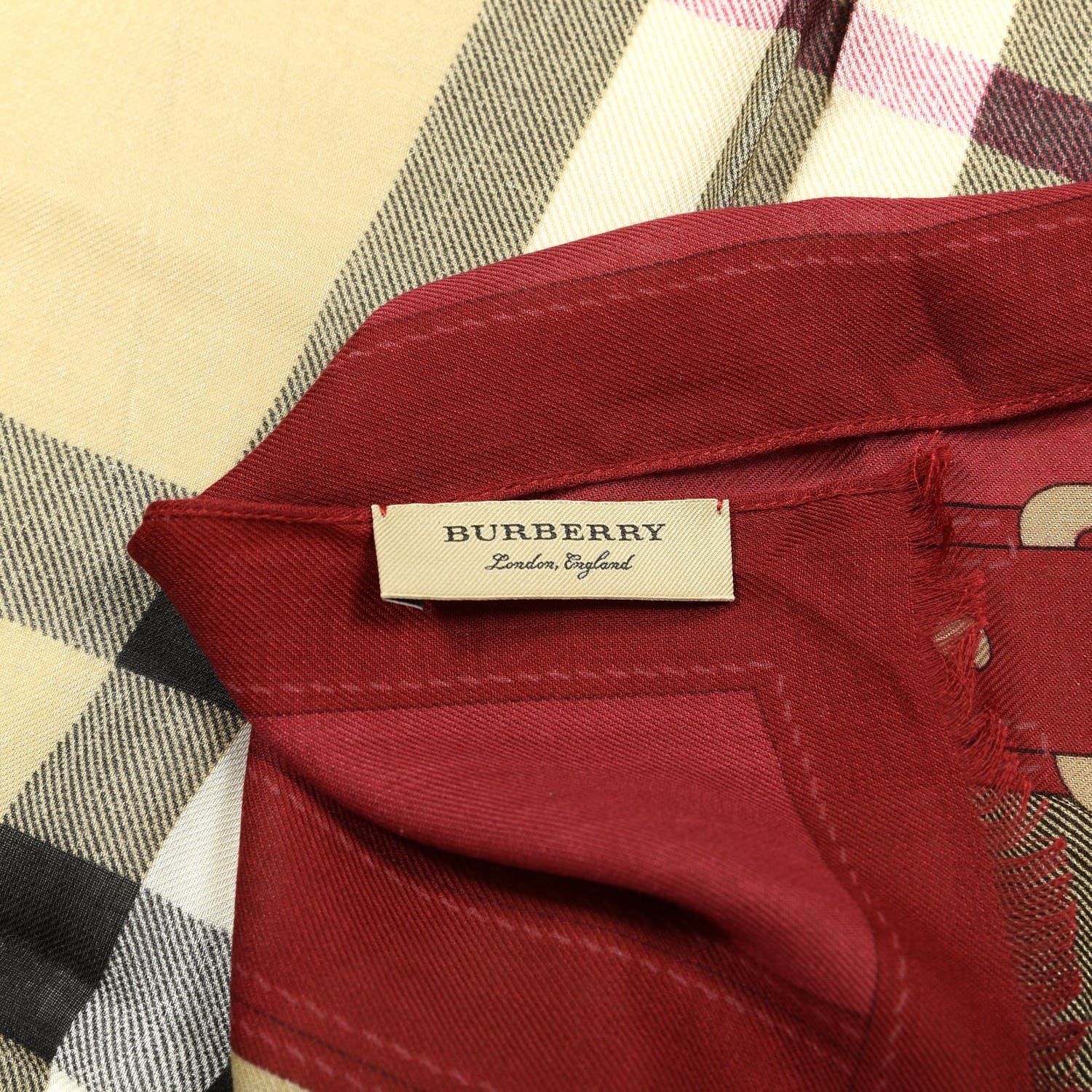 Burberry Modal Cashmere Haymarket Check Color Border Scarf Red 3 of 4