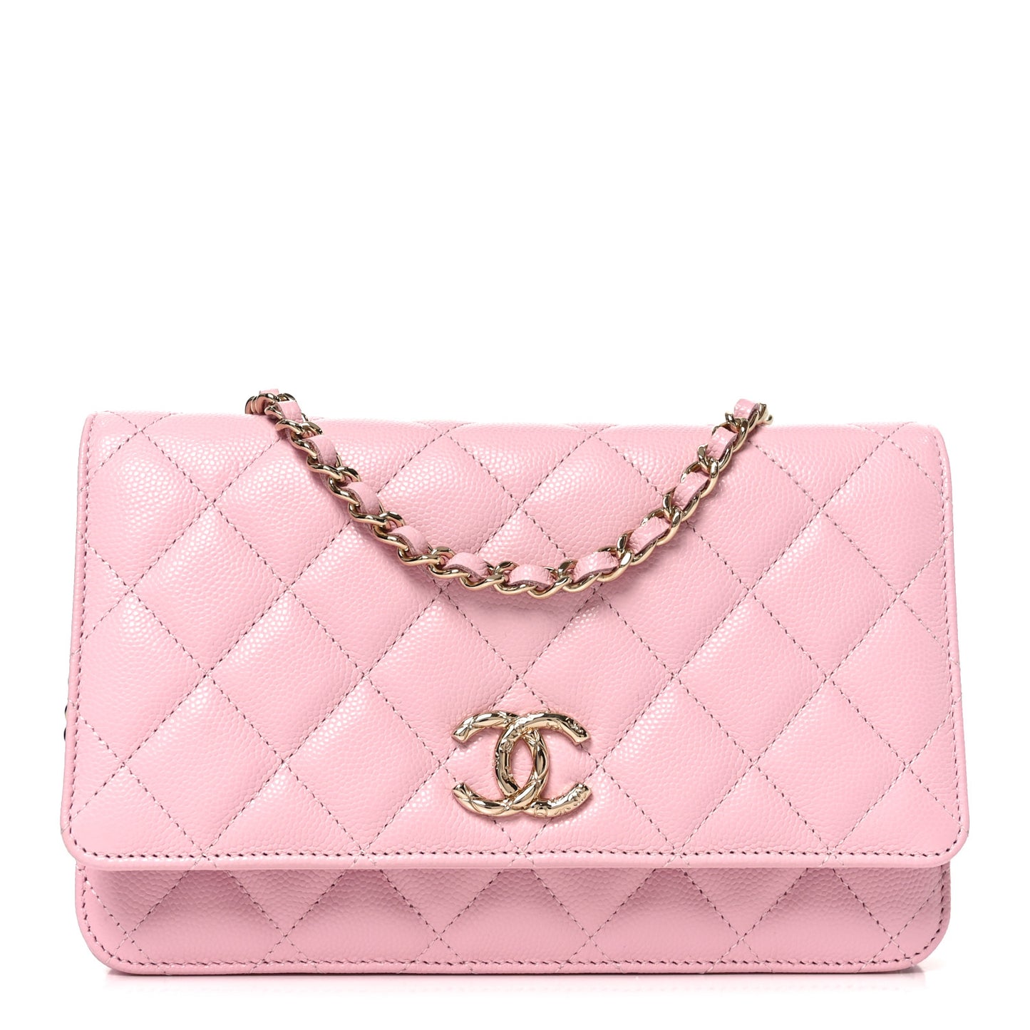 Caviar Quilted Textured CC Wallet on Chain WOC Light Pink