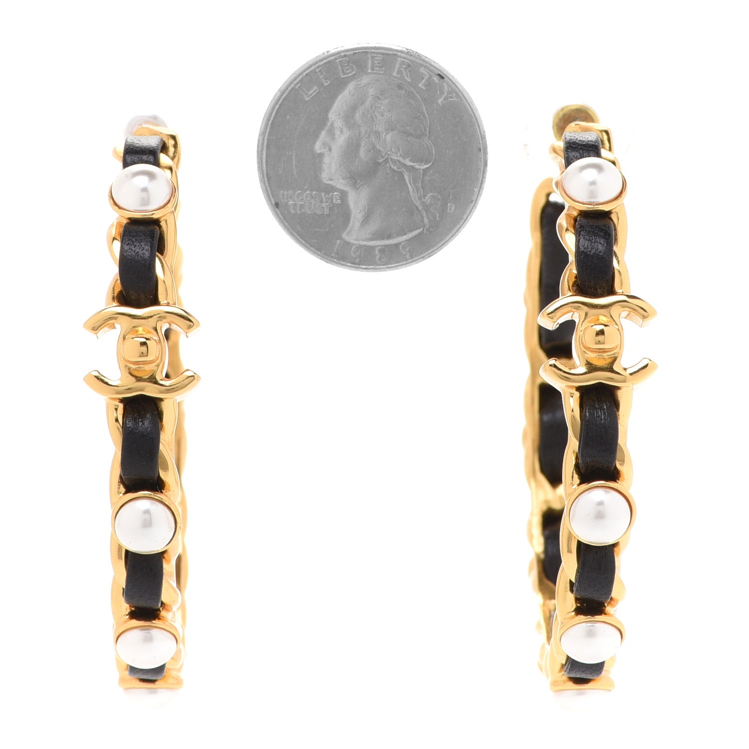 Chanel Lambskin Pearl More Is More CC Chain Hoop Earrings Gold Black 2 of 5