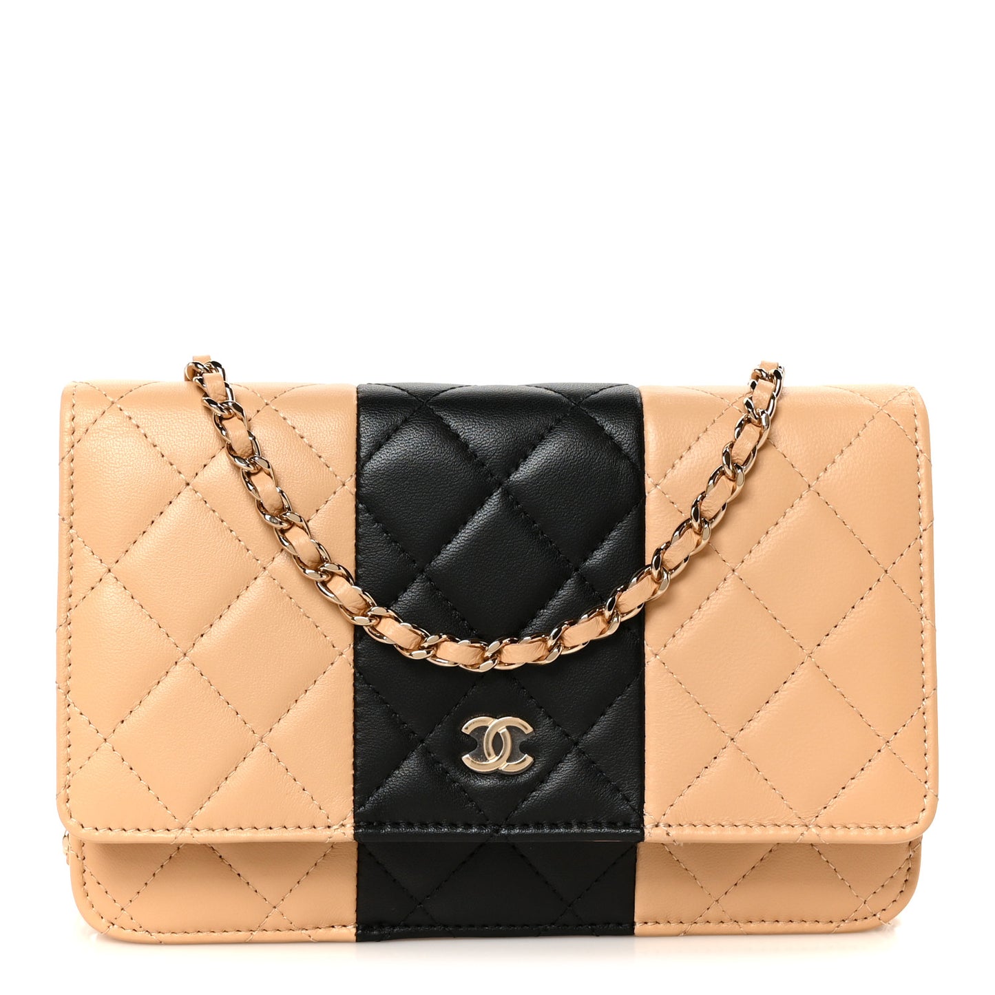 Lambskin Quilted Wallet On Chain WOC Beige Black