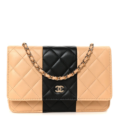 Chanel Lambskin Quilted Wallet On Chain WOC Beige Black 1 of 11