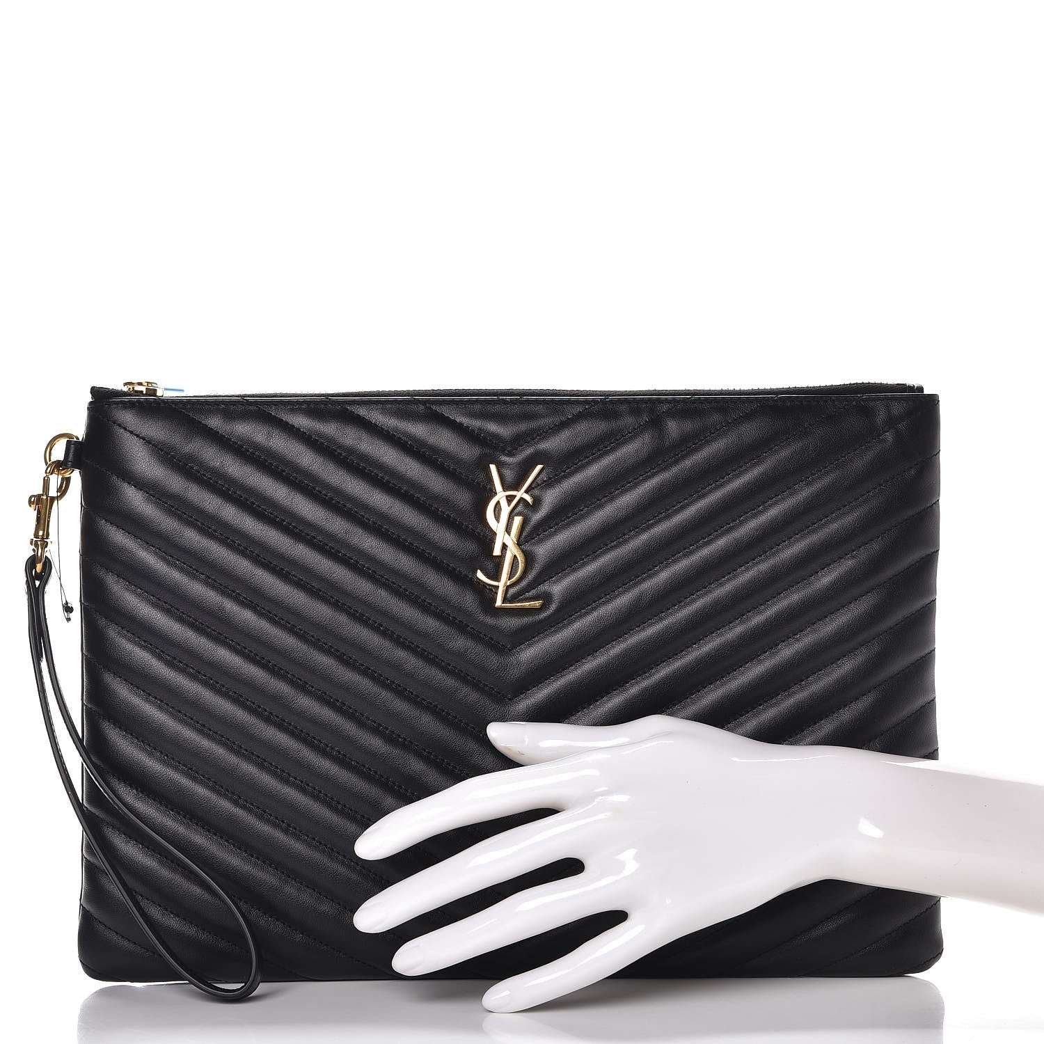 Saint Laurent Calfskin Matelasse Chevron Monogram Zip A4 Pouch Black 2 of 8