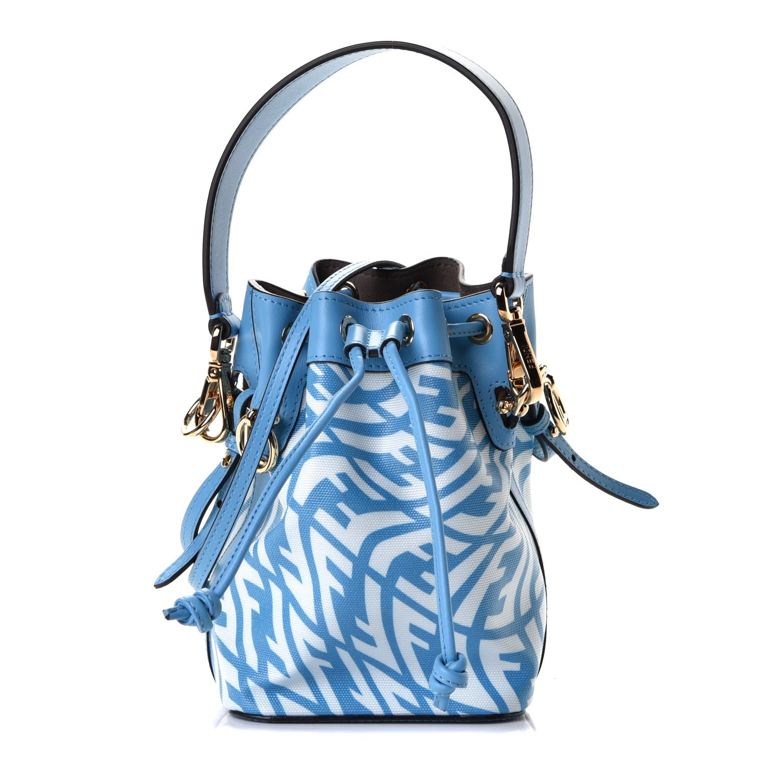 Fendi X SARAH COLEMAN Glazed Canvas Vitello King F is Fendi FF Vertigo Mini Mon Tresor Bucket Bag Cyber Blue White 1 of 5