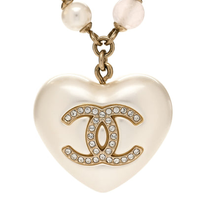 Chanel Pearl Crystal CC Heart Necklace Pearly White Gold 4 of 6