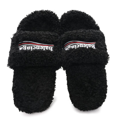 Balenciaga Faux Shearling Political Campaign Logo 80mm Sandals 39 Black 2 of 7